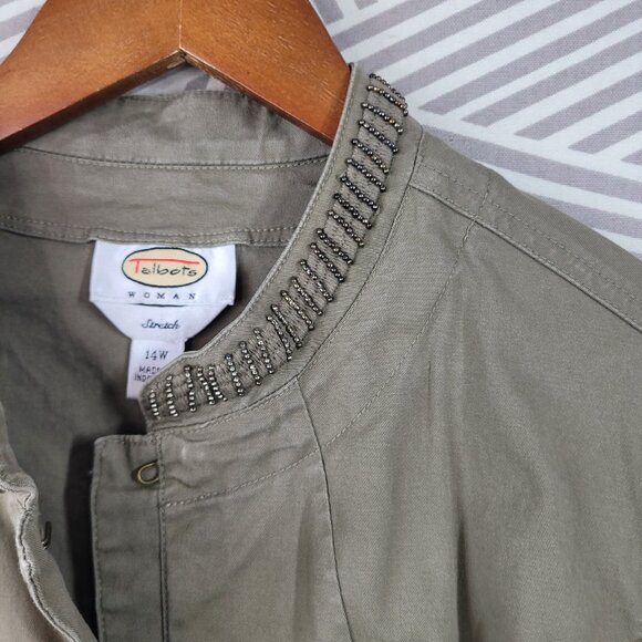 Talbots Feild Jacket Size 14W Beaded Trim Casual Canvas Green Beige Pockets - Picture 4 of 8